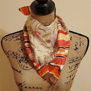 Retro Equestrian Style Scarf - Orange Floral with Lock & Key Motif